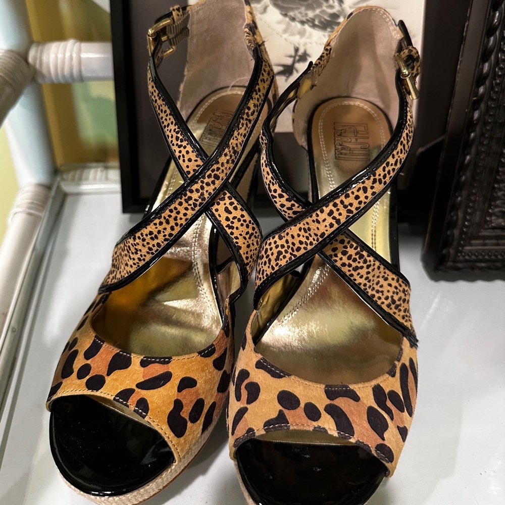 FALCHI Leather Leopard Print Strappy Women's Bethany Platform Wedge Heels NEW